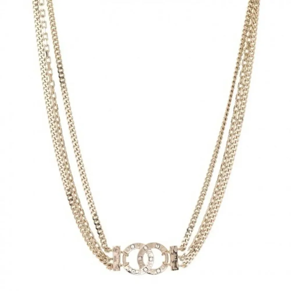 CHANEL 04A CC Logo Multi-Chain Choker Necklace Gold-Tone Strass “CHA NEL” w/ Box